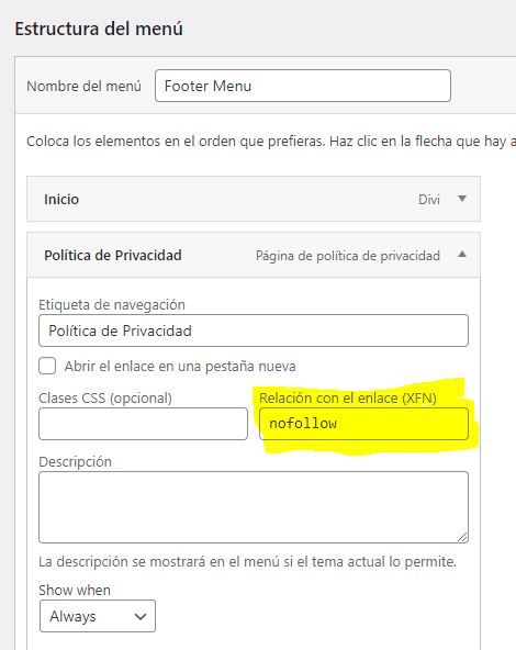 insertar nofollow en menu wordpress