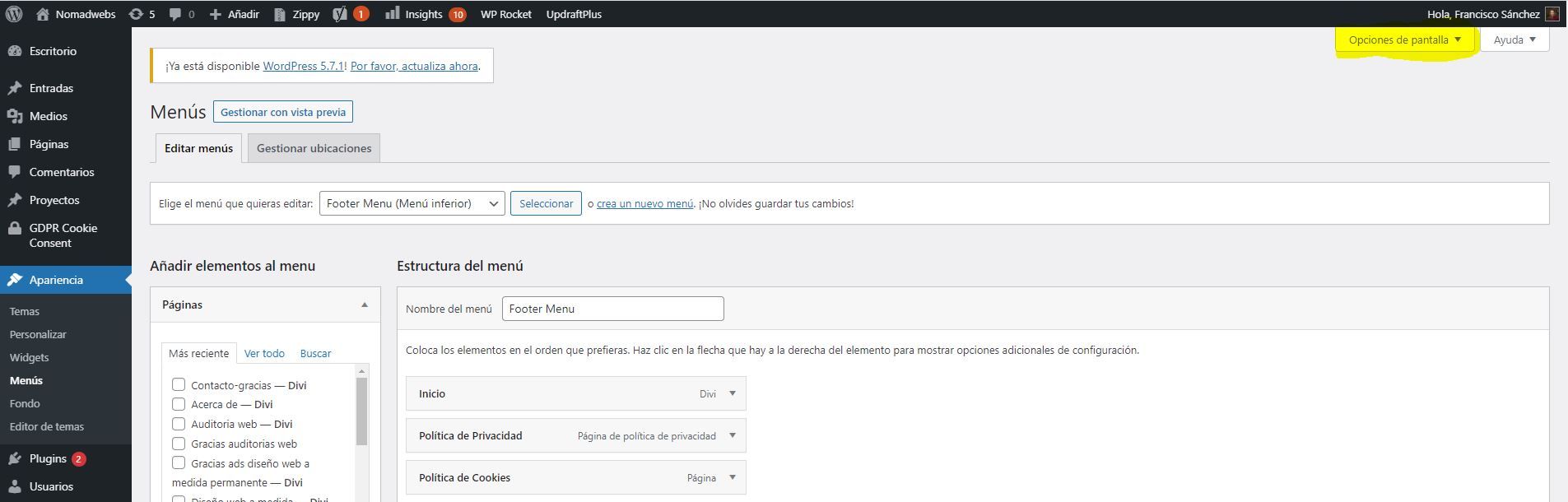 acceder al menu de wordpress