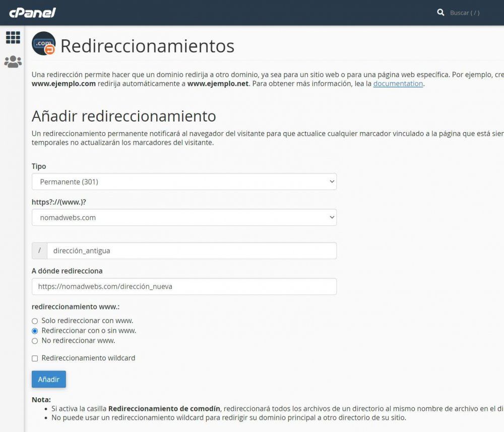Redirección 301 cpanel