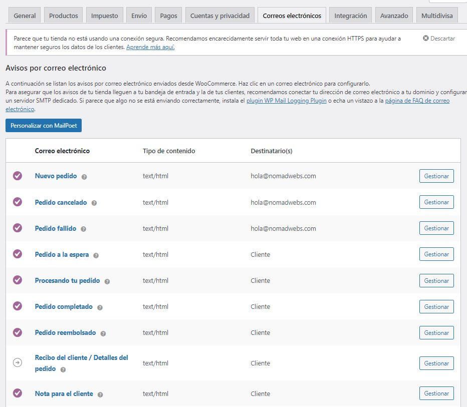 Correos electrónicos de woocommerce