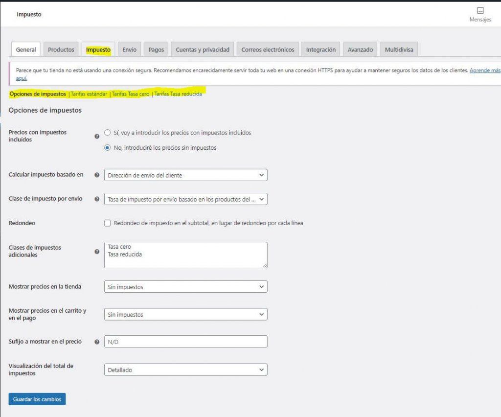 Ajustes de impuestos de woocommerce