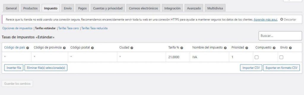 Ajustes de impuestos de woocommerce