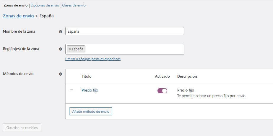 Ajustes de envío de woocommerce