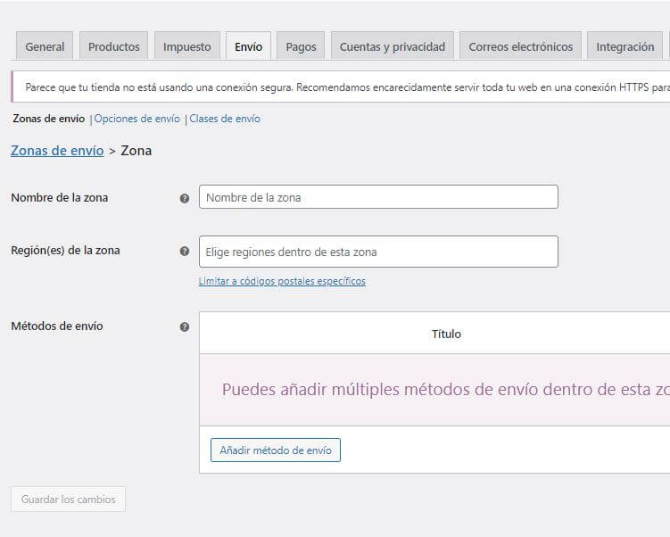 Ajustes de envío de woocommerce