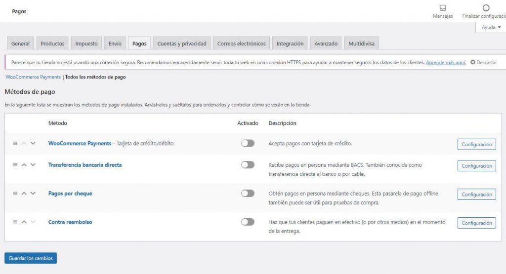 Ajustes de pagos de woocommerce